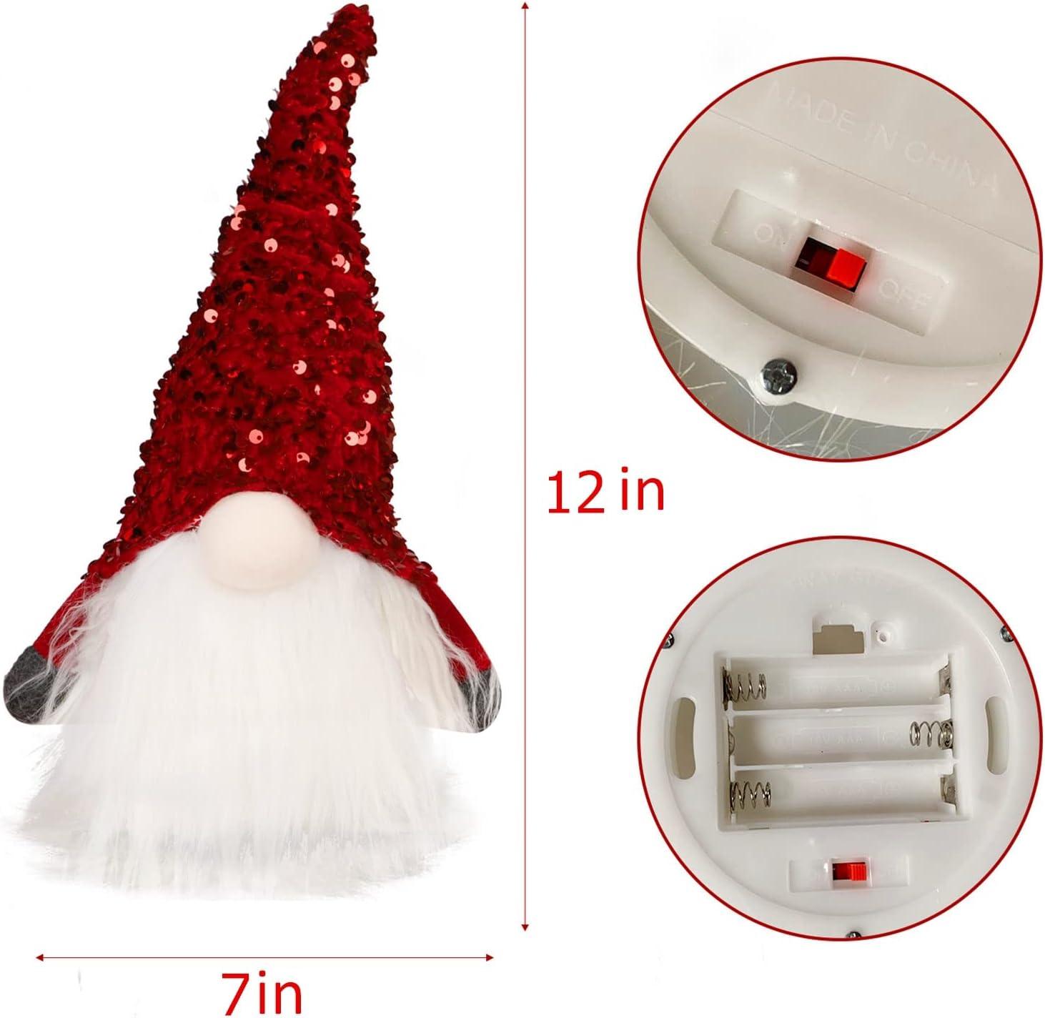 2PCS 12" Lighted Christmas Gnome, Handmade Sequins Hat Scandinavian Swedish Tomte, Light Up Plush Elf Toy Holiday Present, Battery Operated Winter Tabletop Christmas Decorations - Hibrides