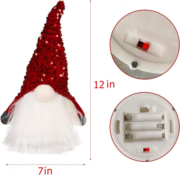 2PCS 12" Lighted Christmas Gnome, Handmade Sequins Hat Scandinavian Swedish Tomte, Light Up Plush Elf Toy Holiday Present, Battery Operated Winter Tabletop Christmas Decorations