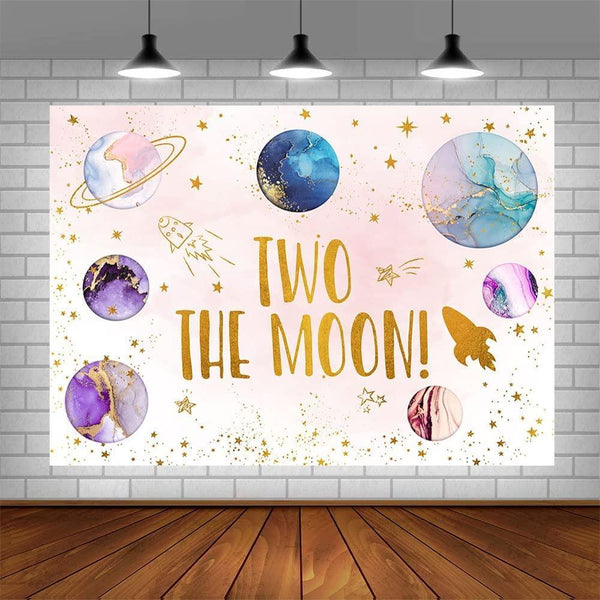 Two The Moon Backdrop Outer Space 2nd Birthday Decorations for Girls Rocket Planet Purple Galaxy Photography Background - Hibrides