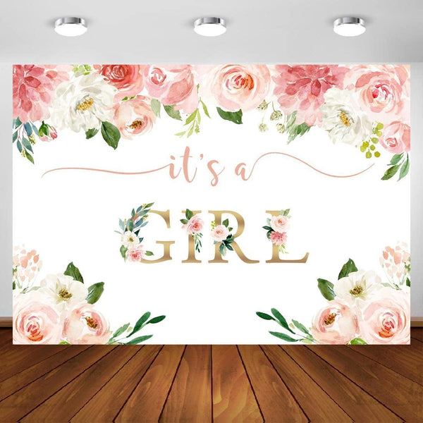 It's a Girl Baby Shower Backdrop Watercolor Pink Floral Photography Background 7x5ft - Hibrides