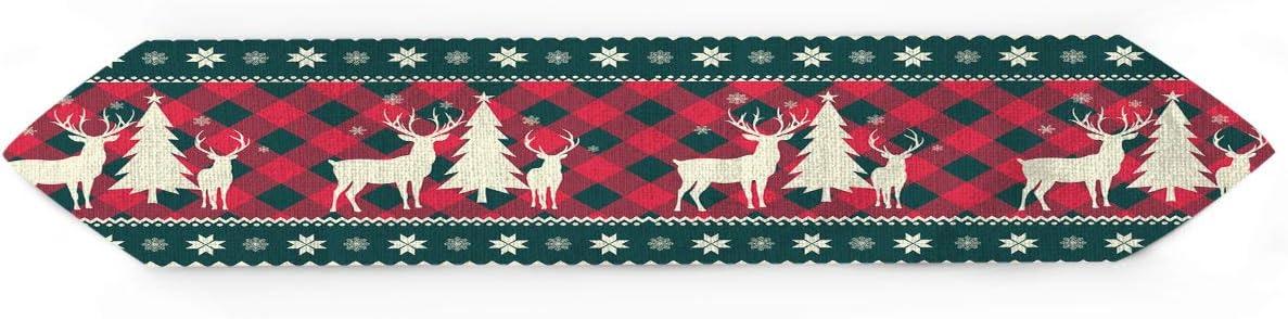 13X70 Inch Christmas Tree Elk Deer Table Runners Red Holiday Buffalo Checkered Plaid Non-Slip Burlap Table Runner - Hibrides