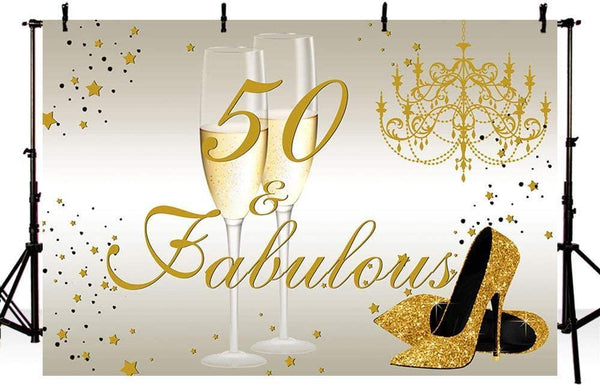 Happy 50th Birthday Backdrop for Women 50th Birthday Decoration Banner Gold High Heels and Champagne - Hibrides