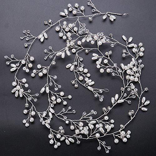 Bridal Rose Gold and Gold Silver Extra Long Pearl and Crystal Beads Bridal Hair Vine Wedding Head Piece Bridal Hair Accessories (Silver) 