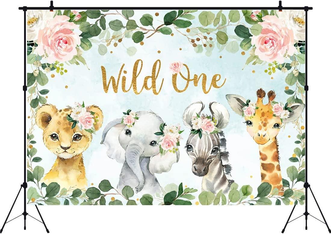 Girl Jungle Safari Animals Wild One Backdrop 1st Birthday Pink Floral Green Leaves Photography Background - Hibrides