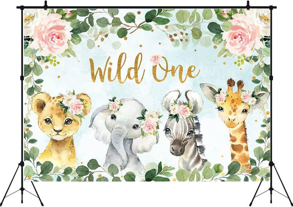 Girl Jungle Safari Animals Wild One Backdrop 1st Birthday Pink Floral Green Leaves Photography Background - Hibrides