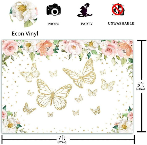 7x5FT Butterfly Party Backdrop Flower Photography Background Girl Floral Baby Shower Princess 1st Birthday Banner Decoration - Hibrides