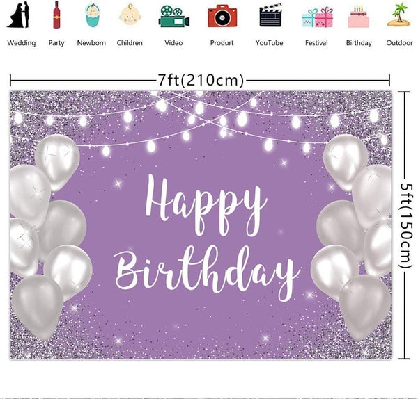Violet Purple Silver Happy Birthday Photo Backdrop Silver Balloon White Lights Girls 16th 18th 30th Birthday Party Banner - Hibrides
