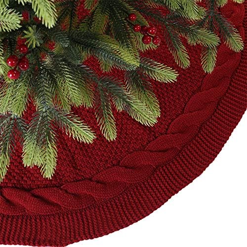 Burgundy Christmas Tree Skirt, 48 inches Luxury Cable Knit Knitted Thick Rustic Xmas Holiday Decoration