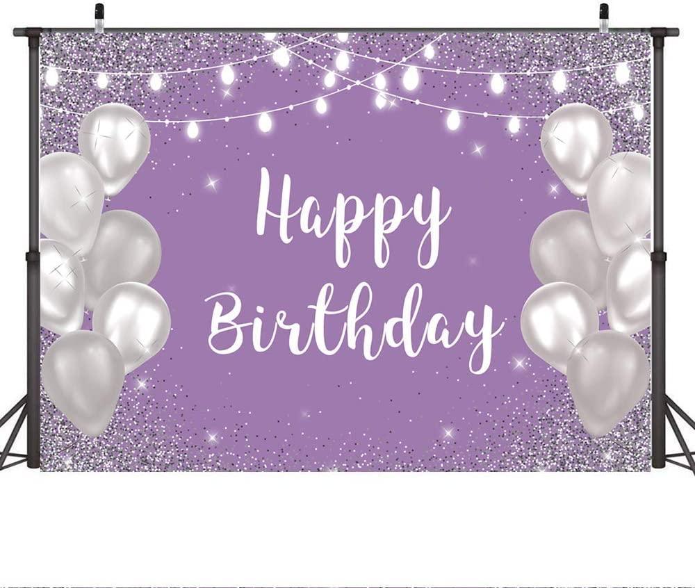 Violet Purple Silver Happy Birthday Photo Backdrop Silver Balloon White Lights Girls 16th 18th 30th Birthday Party Banner - Hibrides