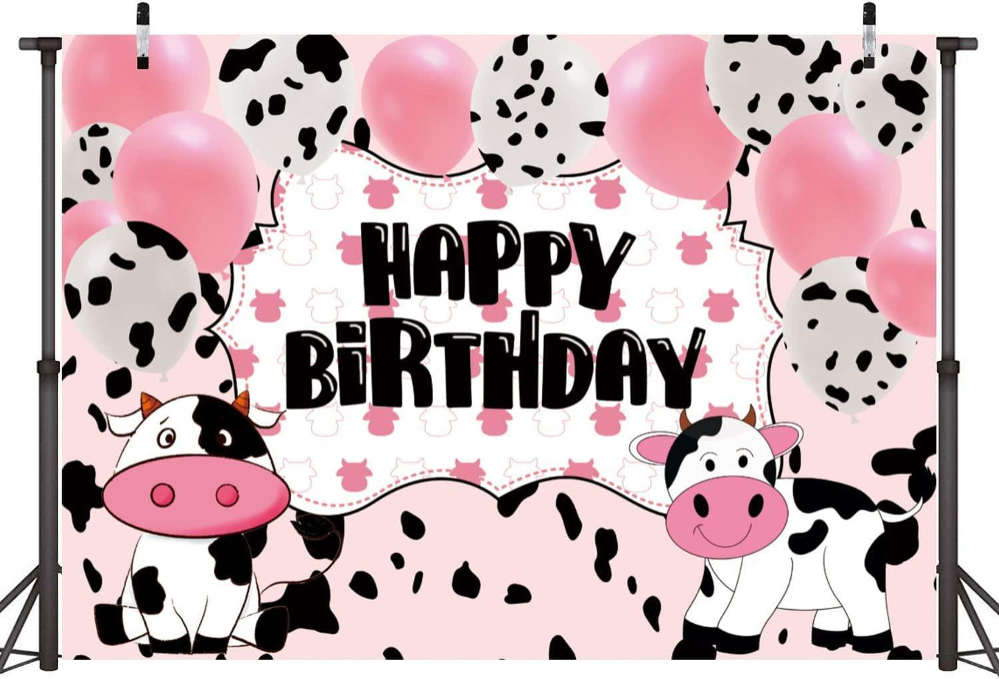 Cartoon Cow Happy Birthday Backdrop Banner Cow Party Decorations Pink White Cow Print Balloons Farm Animals Background - Hibrides
