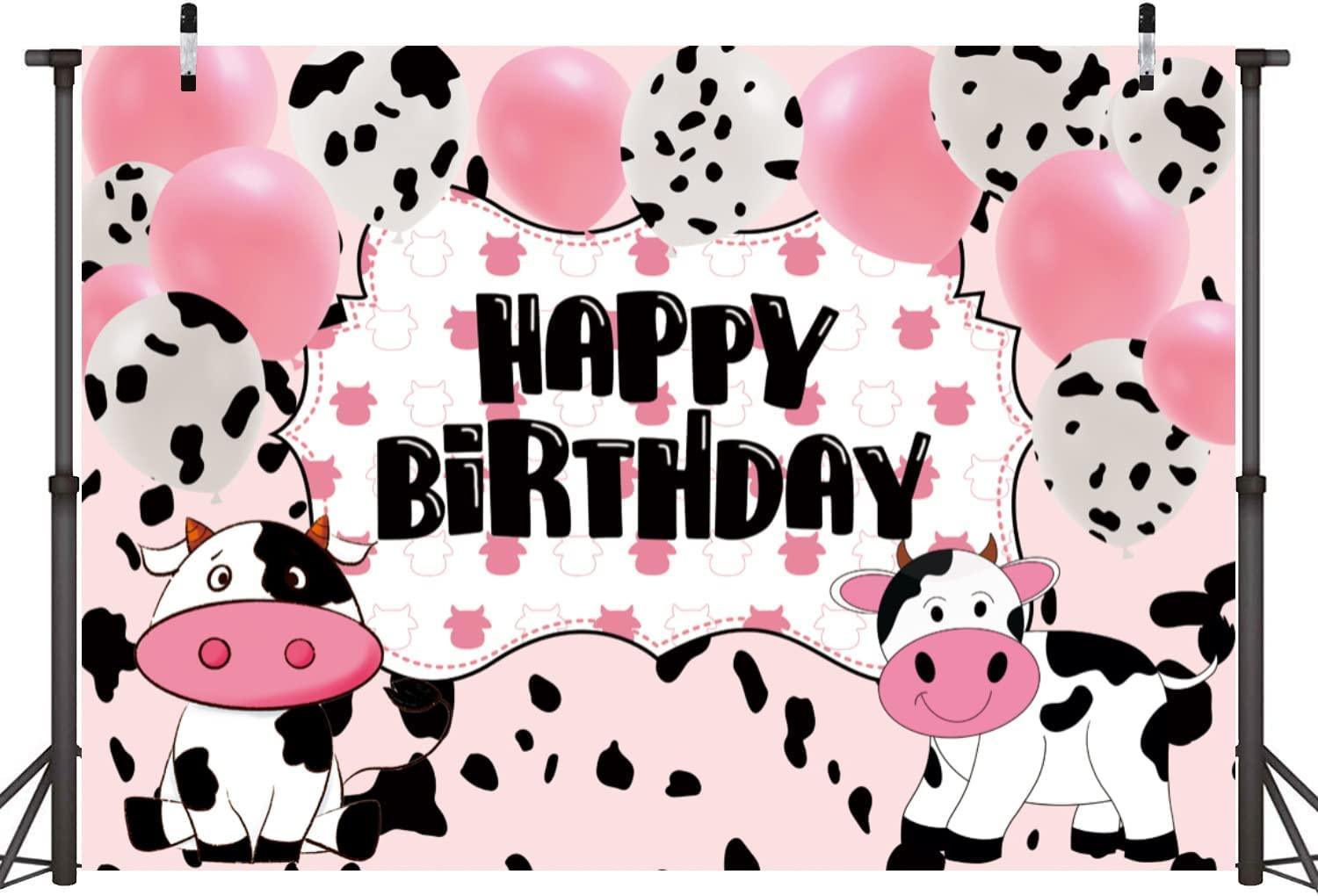 Cartoon Cow Happy Birthday Backdrop Banner Cow Party Decorations Pink White Cow Print Balloons Farm Animals Background - Hibrides