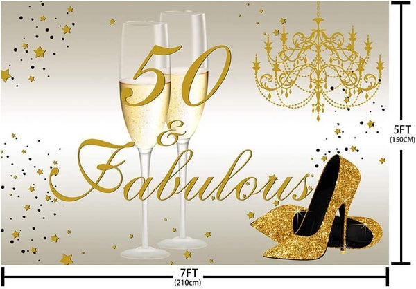 Happy 50th Birthday Backdrop for Women 50th Birthday Decoration Banner Gold High Heels and Champagne - Hibrides