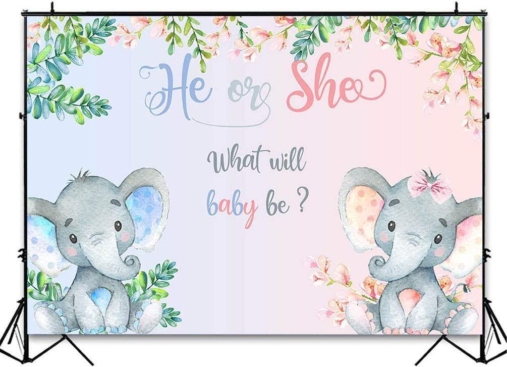 Elephant Gender Reveal Backdrop Pink or Blue Flowers Baby Shower Photography Background - Hibrides