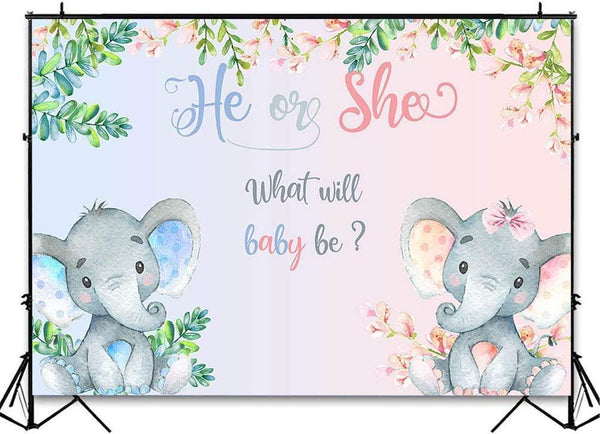 Elephant Gender Reveal Backdrop Pink or Blue Flowers Baby Shower Photography Background - Hibrides