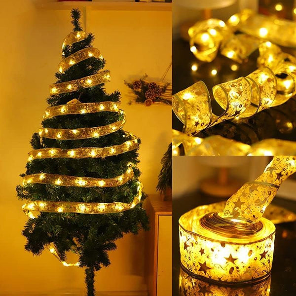 2PCS Christmas Tree Decorations Gold String Lights 16ft 100 LED Lights Copper Wire Ribbon Bows Lights