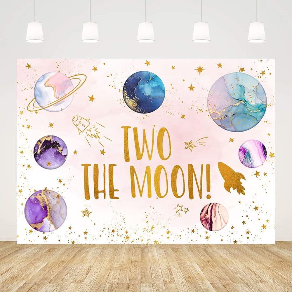 Two The Moon Backdrop Outer Space 2nd Birthday Decorations for Girls Rocket Planet Purple Galaxy Photography Background - Hibrides