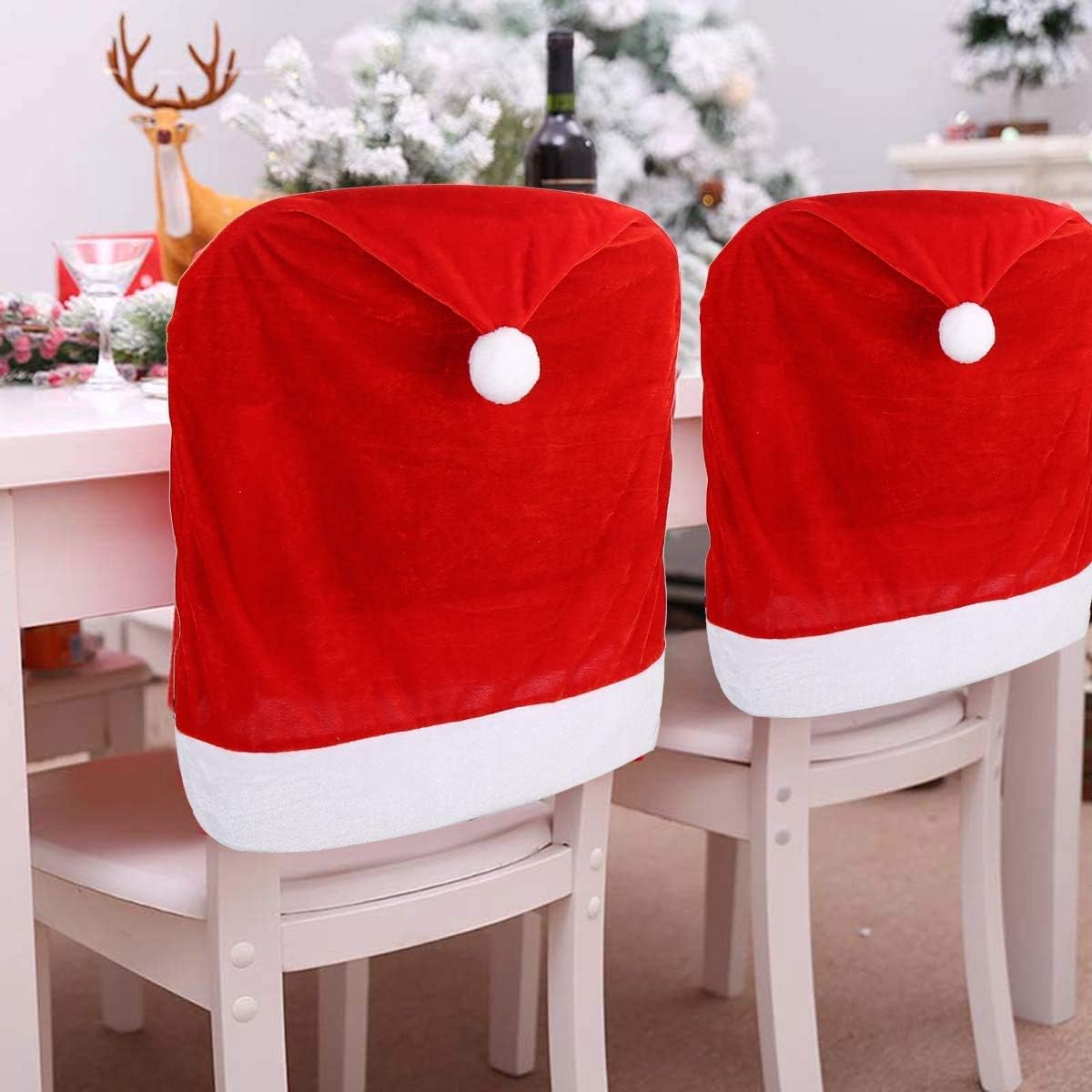 6PCS Christmas Chair Covers,Santa Claus Hat Slipcover Xmas Chair Back Cover for Christmas Dinning Room Decoration