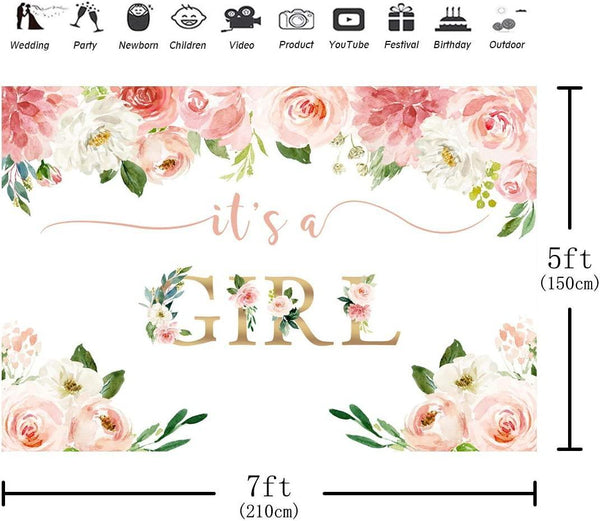 It's a Girl Baby Shower Backdrop Watercolor Pink Floral Photography Background 7x5ft - Hibrides