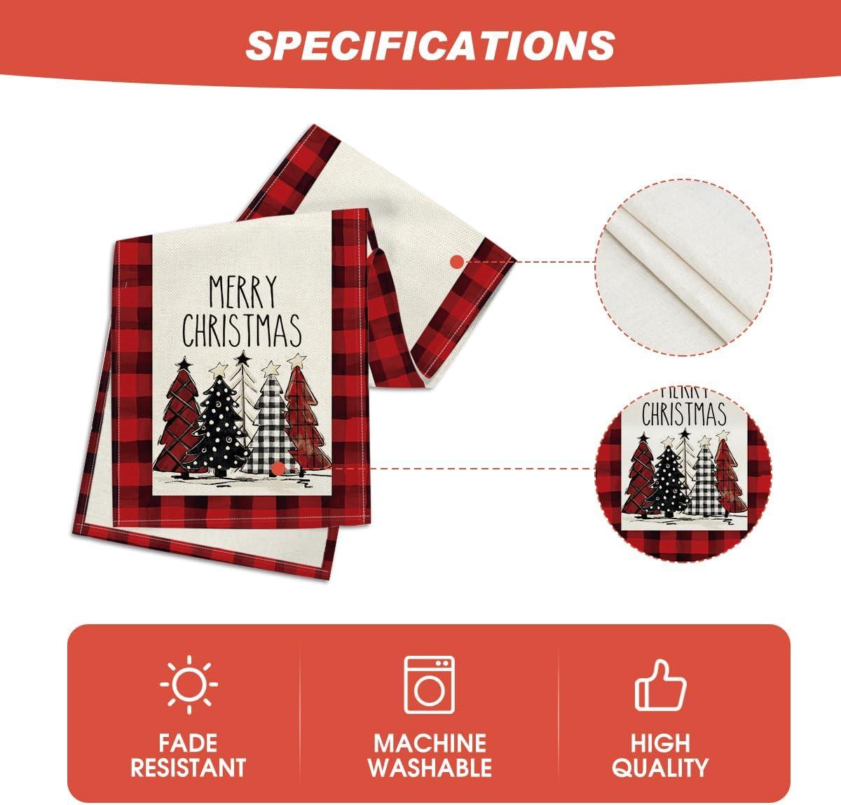 13x72 Inch Watercolor Red and Black Buffalo Plaid Christmas Trees Merry Xmas Table Runner, Seasonal Winter Holiday Kitchen Dining Table Decoration - Hibrides