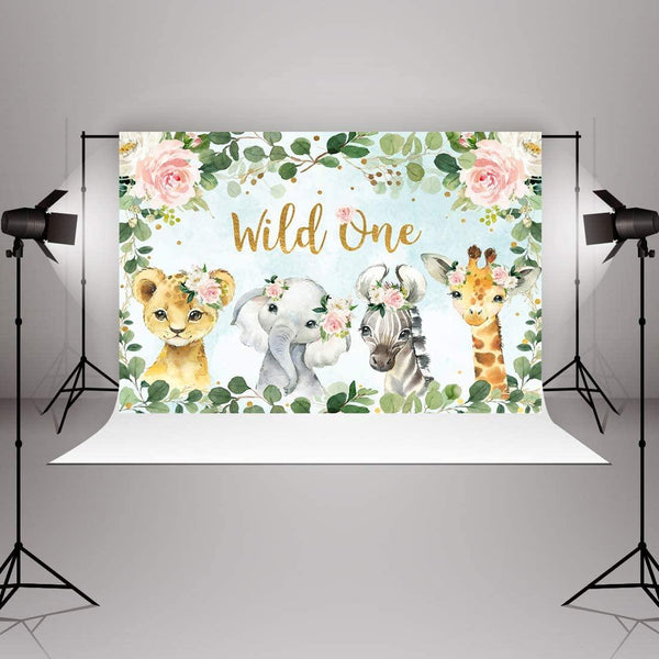 Girl Jungle Safari Animals Wild One Backdrop 1st Birthday Pink Floral Green Leaves Photography Background - Hibrides