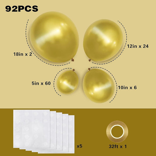 92pcs Metallic Gold Balloons Chrome Gold Balloon 18 12 10 5 Inches Gold Latex Balloons for Birthday Party Graduation Baby Shower - Hibrides