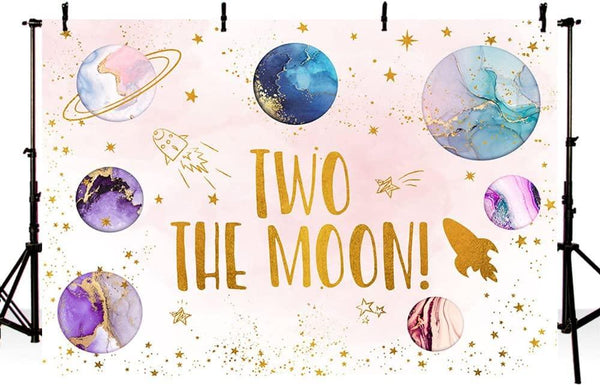 Two The Moon Backdrop Outer Space 2nd Birthday Decorations for Girls Rocket Planet Purple Galaxy Photography Background - Hibrides