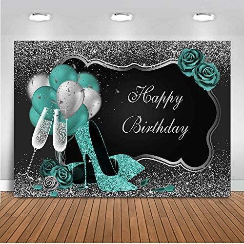 Teal Silver Happy Birthday Backdrop Glitter Green Balloons High Heels Champagne Woman's Birthday Photography Background - Hibrides