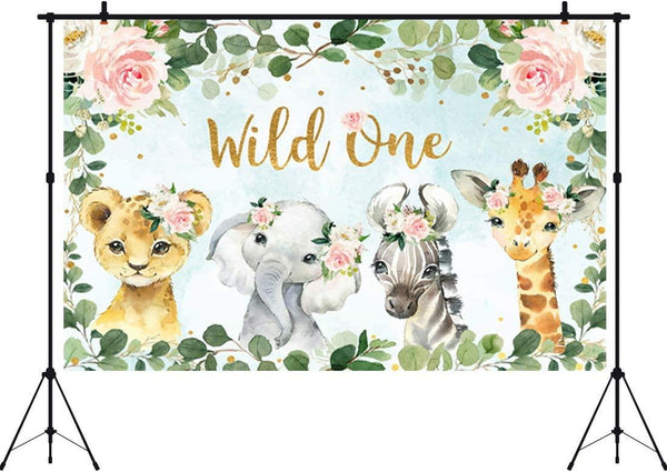 Girl Jungle Safari Animals Wild One Backdrop 1st Birthday Pink Floral Green Leaves Photography Background - Hibrides