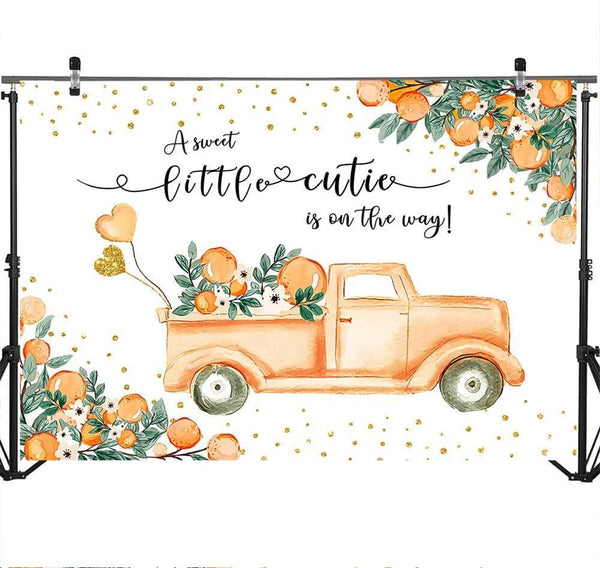 A Little Cutie Baby Shower Backdrop Orange and Truck Baby Shower Background Tangerine Theme - Hibrides