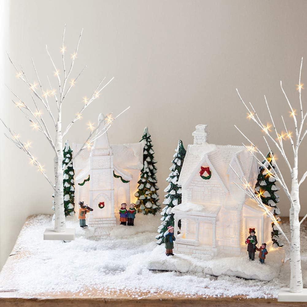 2Pack 24 LED Battery Operated Tabletop Mini Artificial Trees with Lights for Centerpiece Lighted Birch Tree for Home Decor, White Christmas Decorations Indoor - Hibrides