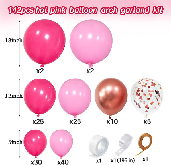 142pcs Hot Pink Rose Gold Balloons with Confetti Balloons for Girl's Birthday Bridal Baby Shower