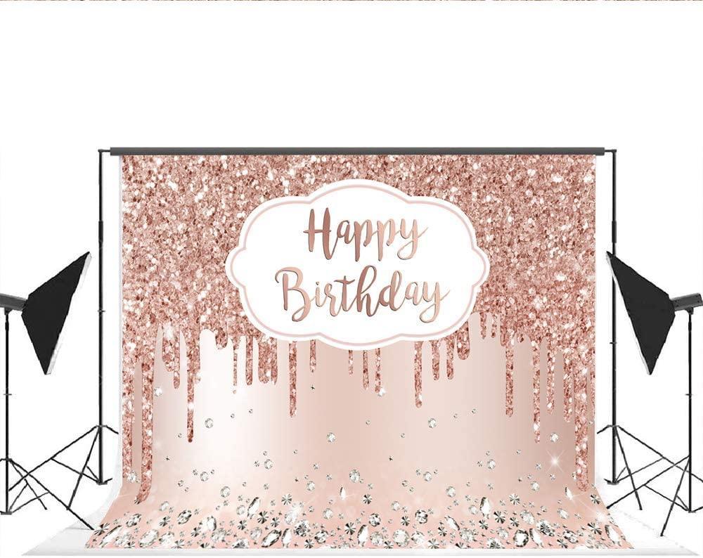 Pink Rose Golden Birthday Party Backdrop Glitter Diamonds Happy Birthday Background - Hibrides