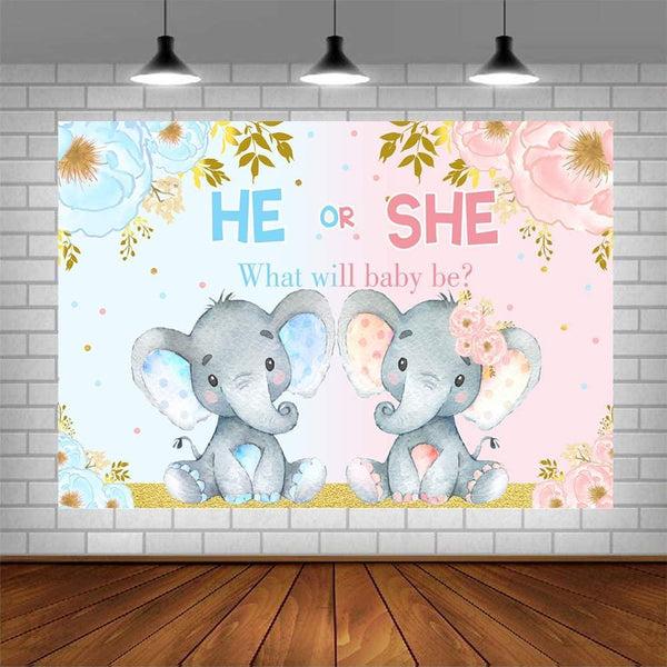 Elephant Gender Reveal Baby Shower Photo Backdrop Pink or Blue Elephant Flower Background - Hibrides