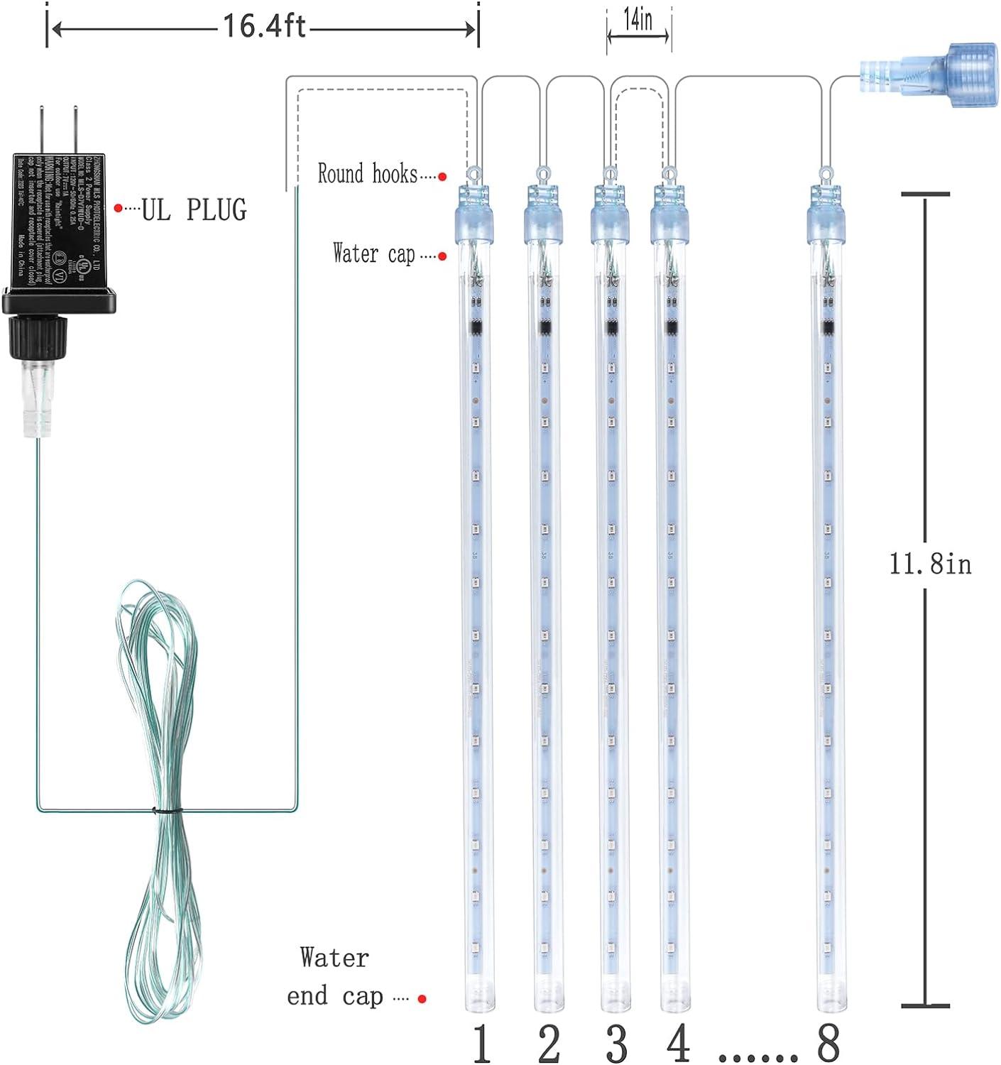 Christmas Lights Outdoor, Meteor Shower Lights Falling Rain Lights 12 inch 8 Tube 192 LED Snow Falling Icicle Cascading Lights for Xmas Tree - Hibrides