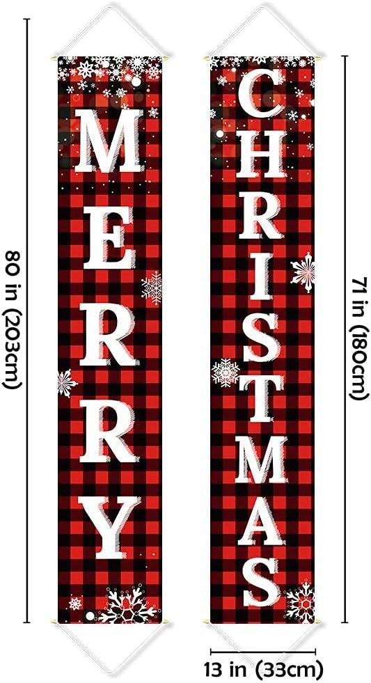 Christmas Decorations Outdoor Yard Front Porch Sign Set, Red Black Buffalo Plaid Door Banner, Hanging Merry Christmas Decorations for Home - Hibrides
