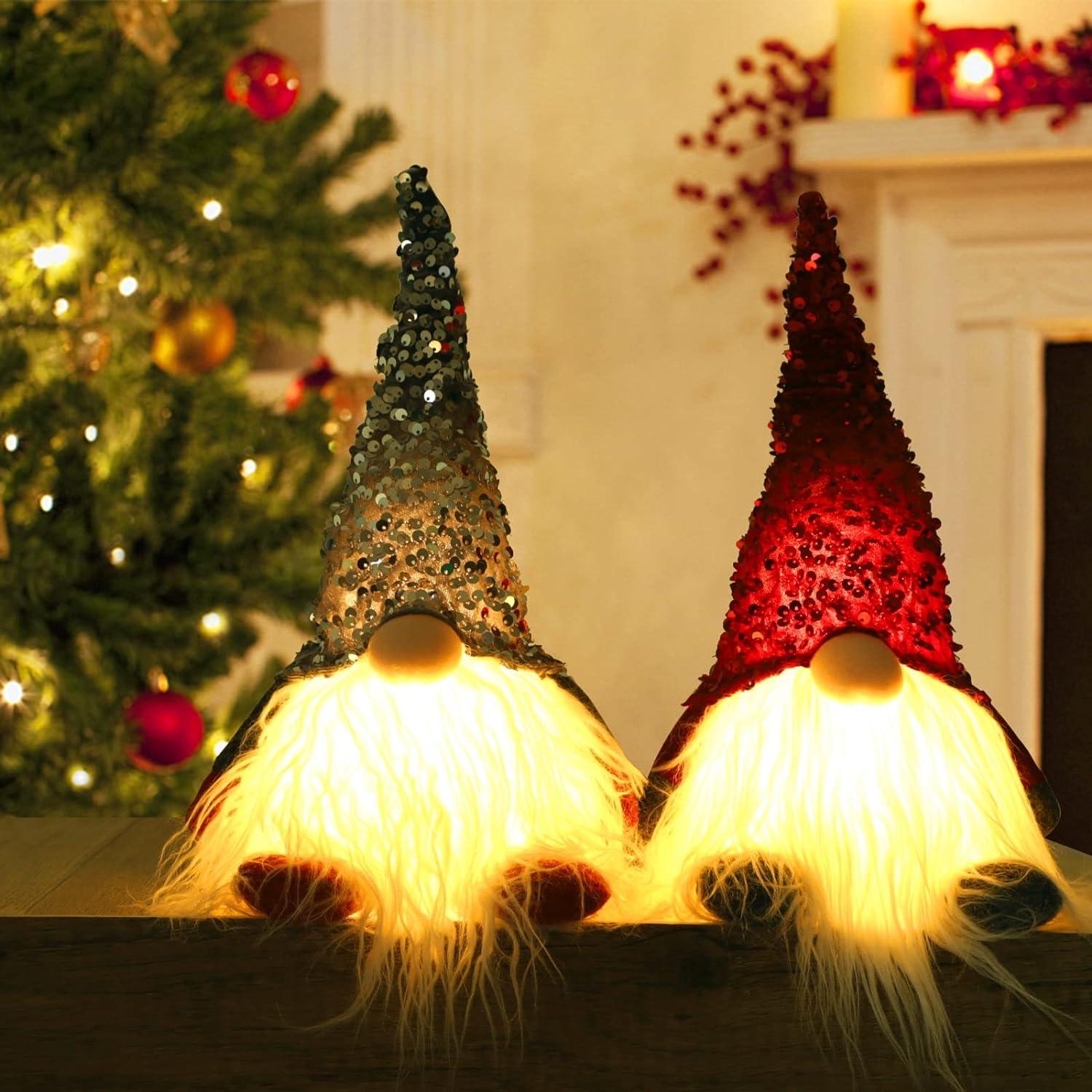 2PCS 12" Lighted Christmas Gnome, Handmade Sequins Hat Scandinavian Swedish Tomte, Light Up Plush Elf Toy Holiday Present, Battery Operated Winter Tabletop Christmas Decorations - Hibrides