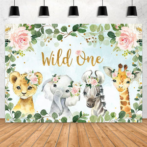 Girl Jungle Safari Animals Wild One Backdrop 1st Birthday Pink Floral Green Leaves Photography Background - Hibrides