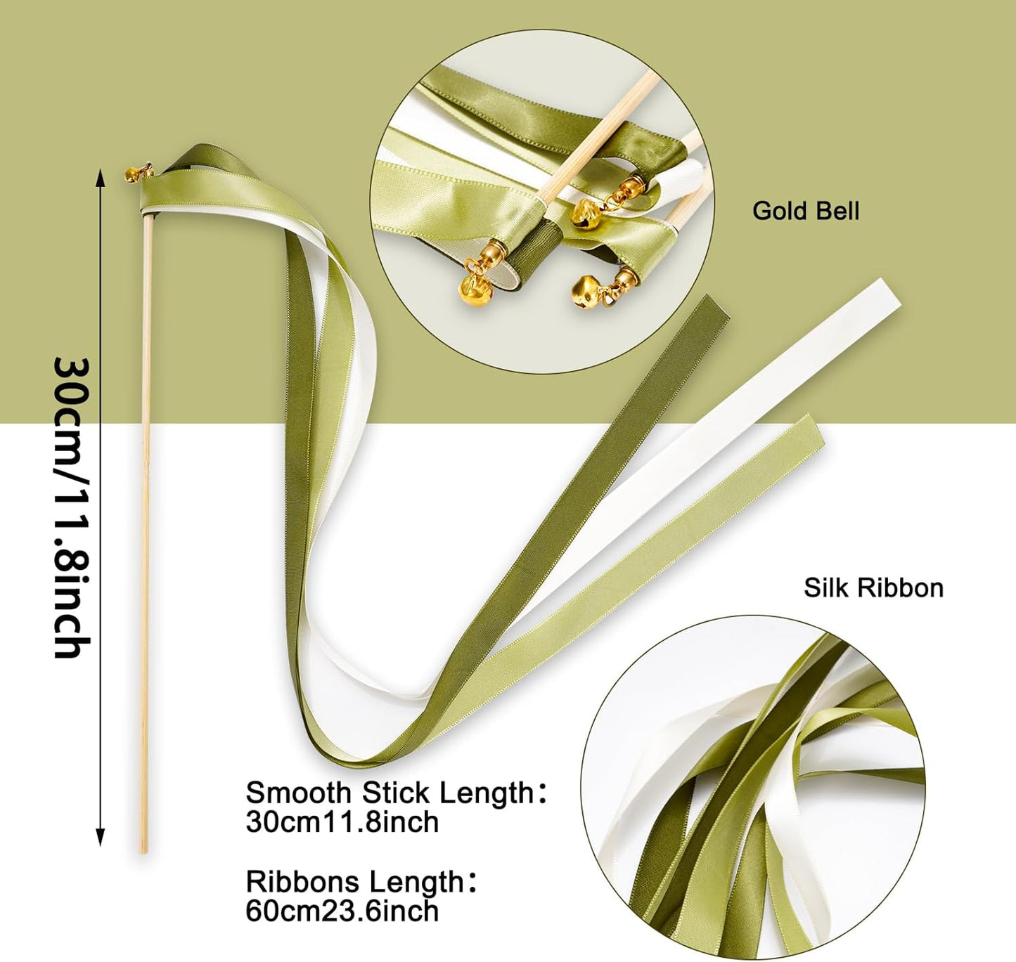 Handmade Wedding Ribbon Sticks with Bells White Sage Green Streamers