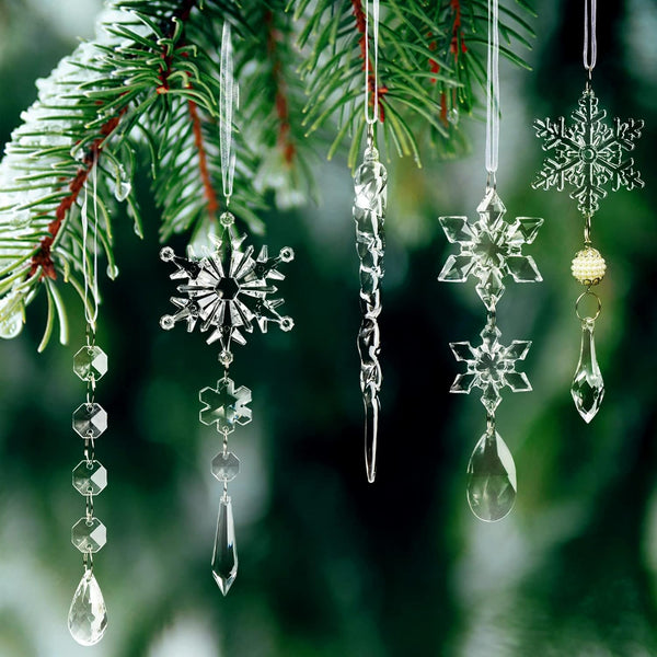 18pcs Christmas Tree Decoration Crystal Ornaments - Hanging Acrylic Christmas Snowflake Icicle Drop Crystal Ornaments for Christmas Tree
