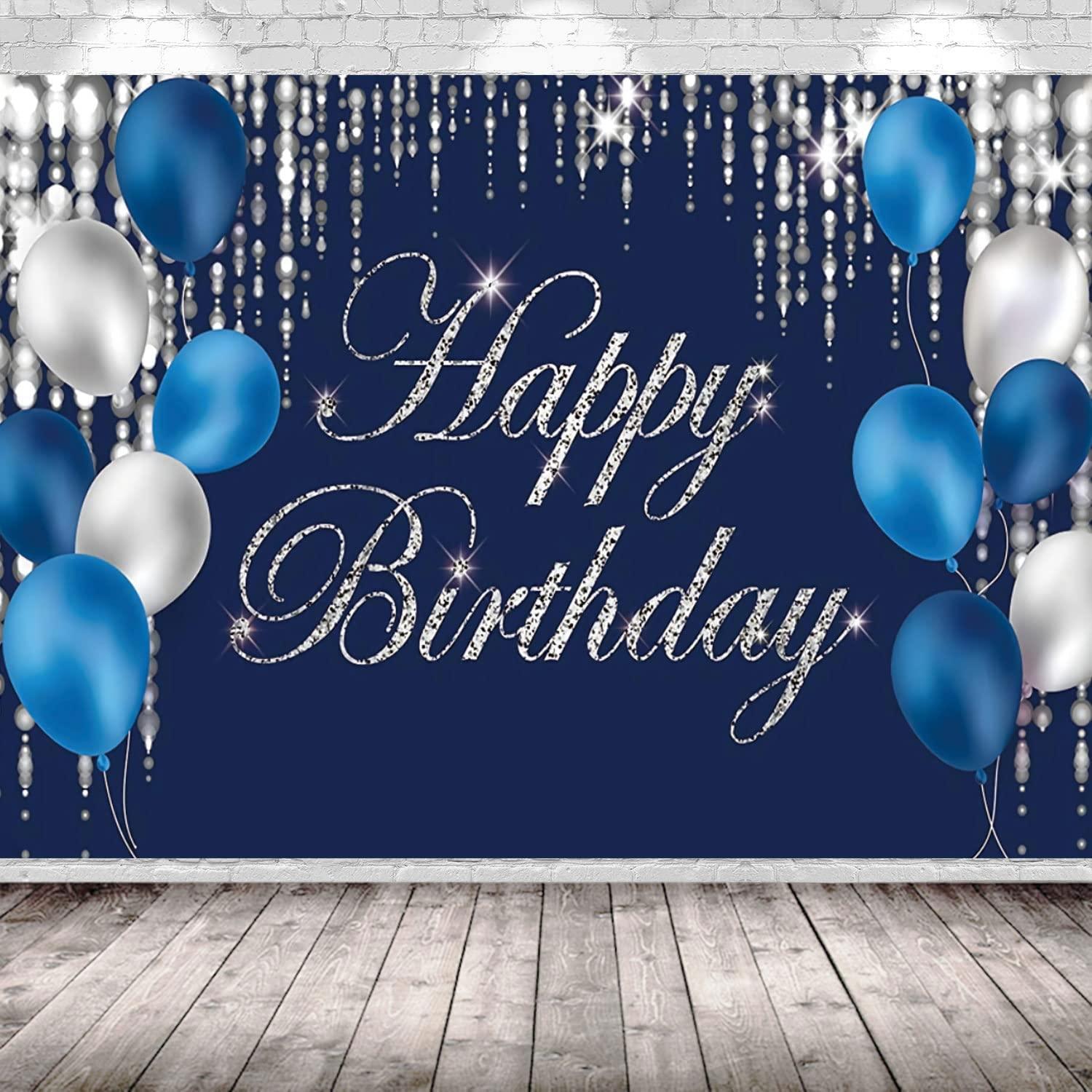 Happy Birthday Photography Backdrop Navy Blue and Silver Happy Birthday Sign - Hibrides