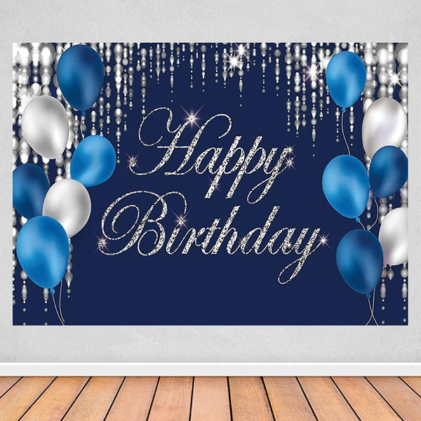 Happy Birthday Photography Backdrop Navy Blue and Silver Happy Birthday Sign - Hibrides