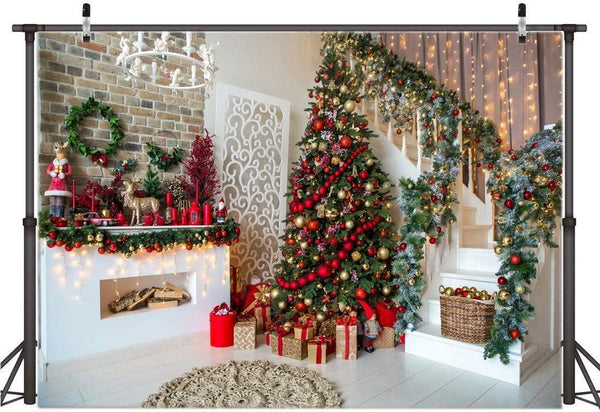 7x5FT Christmas Backdrops for Photography Fireplace Christmas Photography Background Indoors Xmas Tree Gift - Hibrides