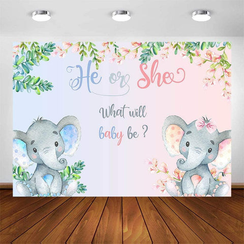 Elephant Gender Reveal Backdrop Pink or Blue Flowers Baby Shower Photography Background - Hibrides