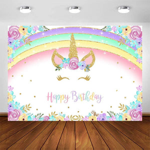 Rainbow Unicorn Backdrop Gold Unicorn Birthday Backdrop Glitter Rainbow Floral Party Photography Background - Hibrides