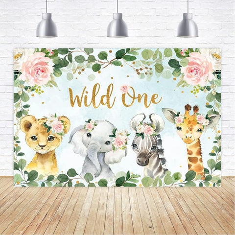 Girl Jungle Safari Animals Wild One Backdrop 1st Birthday Pink Floral Green Leaves Photography Background - Hibrides