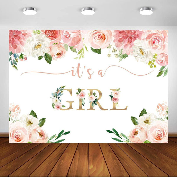 It's a Girl Baby Shower Backdrop Watercolor Pink Floral Photography Background 7x5ft - Hibrides