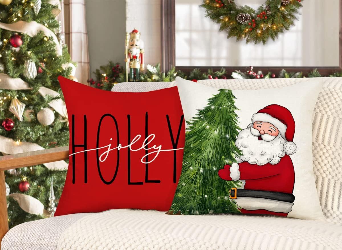 Set of 4 Red Christmas Pillow Covers 18x18 Farmhouse Christmas Decorations Snowman Wreath Santa Claus - Hibrides