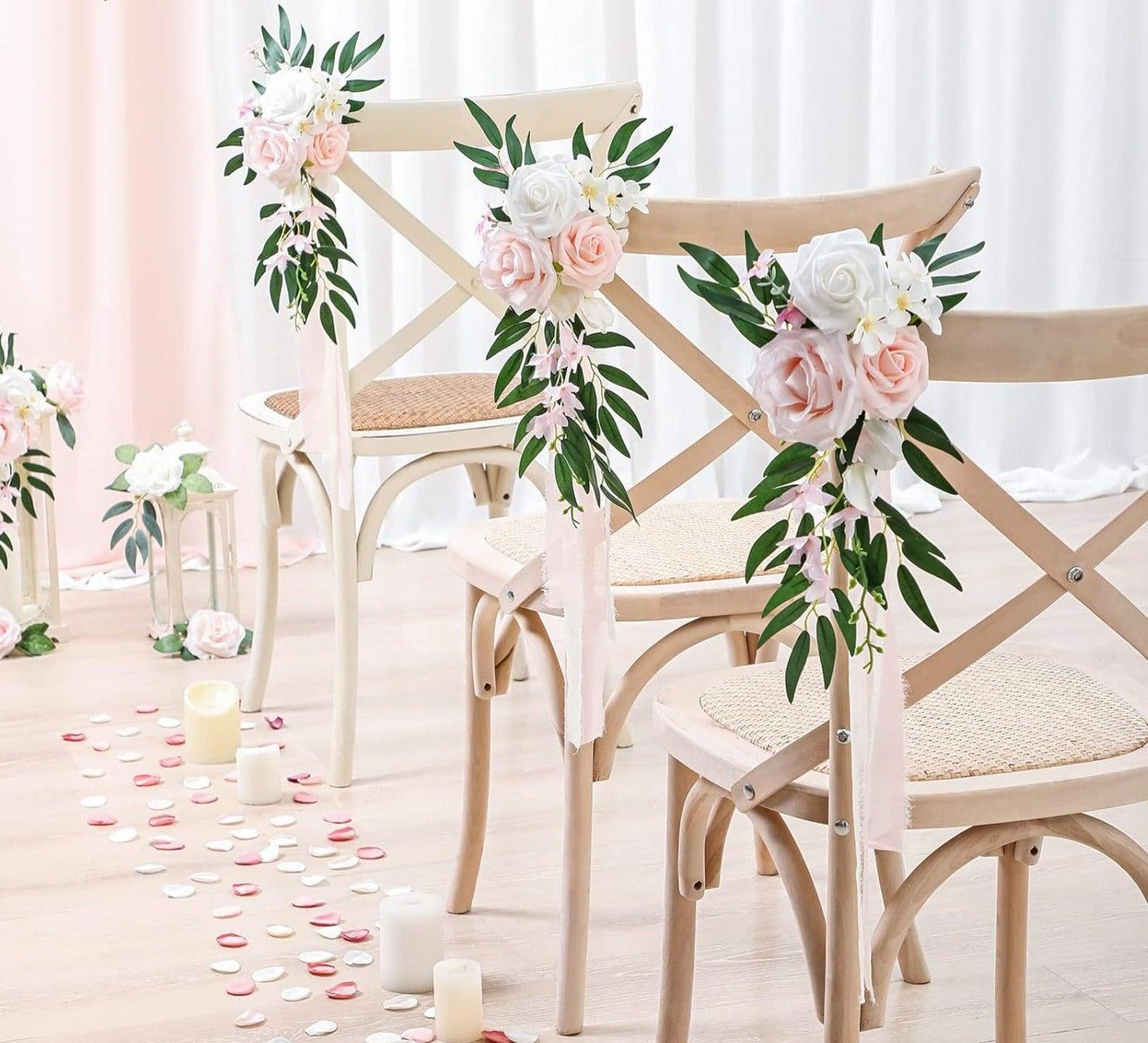 6pcs Outdoor Wedding Aisle Decorations Wedding Chair Decor for Wedding Ceremony White Wedding Artificial Flowers for Chair Decor Pew Flowers