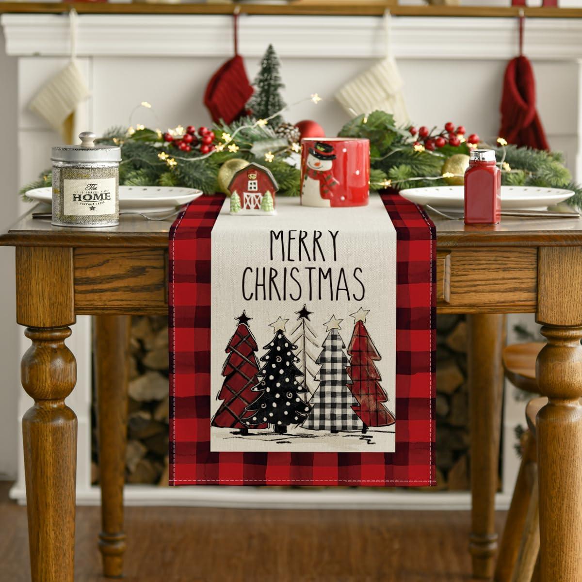 13x72 Inch Watercolor Red and Black Buffalo Plaid Christmas Trees Merry Xmas Table Runner, Seasonal Winter Holiday Kitchen Dining Table Decoration - Hibrides