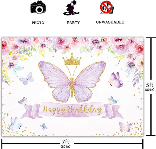 Happy Birthday Butterfly Party Backdrop Purple Baby Girls Princess Pink Rose Floral Gold Photography Background - Hibrides